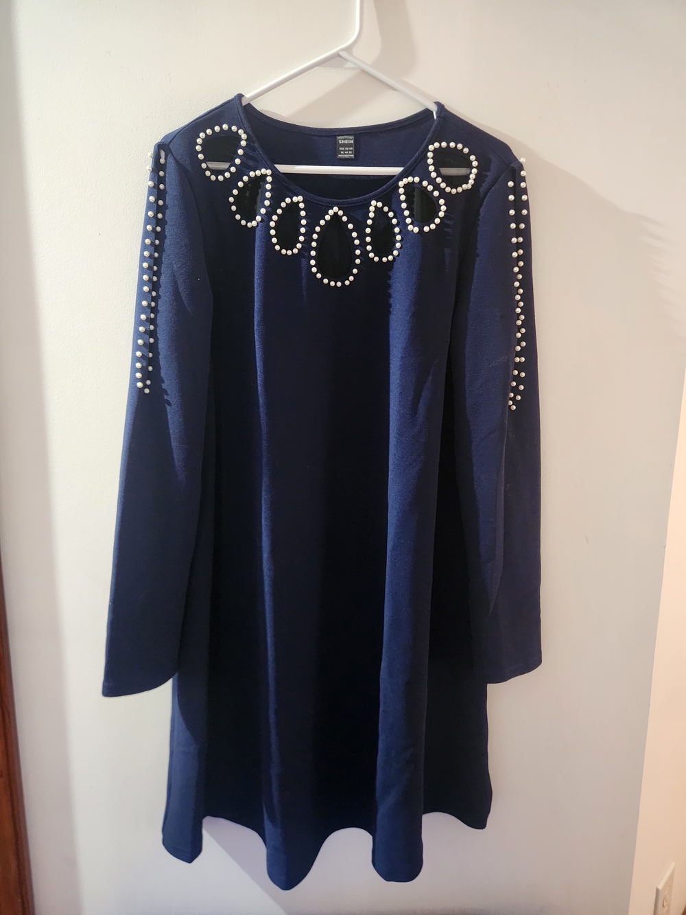 SHEIN Navy Pearl-Embellished Long Sleeve Dress